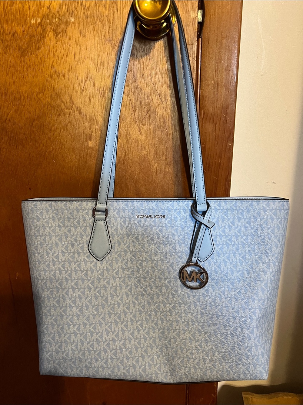 Michael Kors Pale Blue MK Signature Tote with Logo Charm